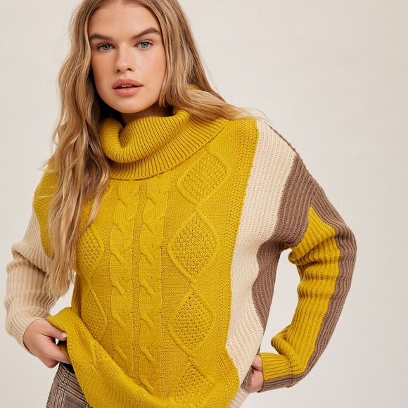 HEM & THREAD Mustard Brown Cream Colorblock Turtleneck Sweater, Chunky Cable - Picture 5 of 9